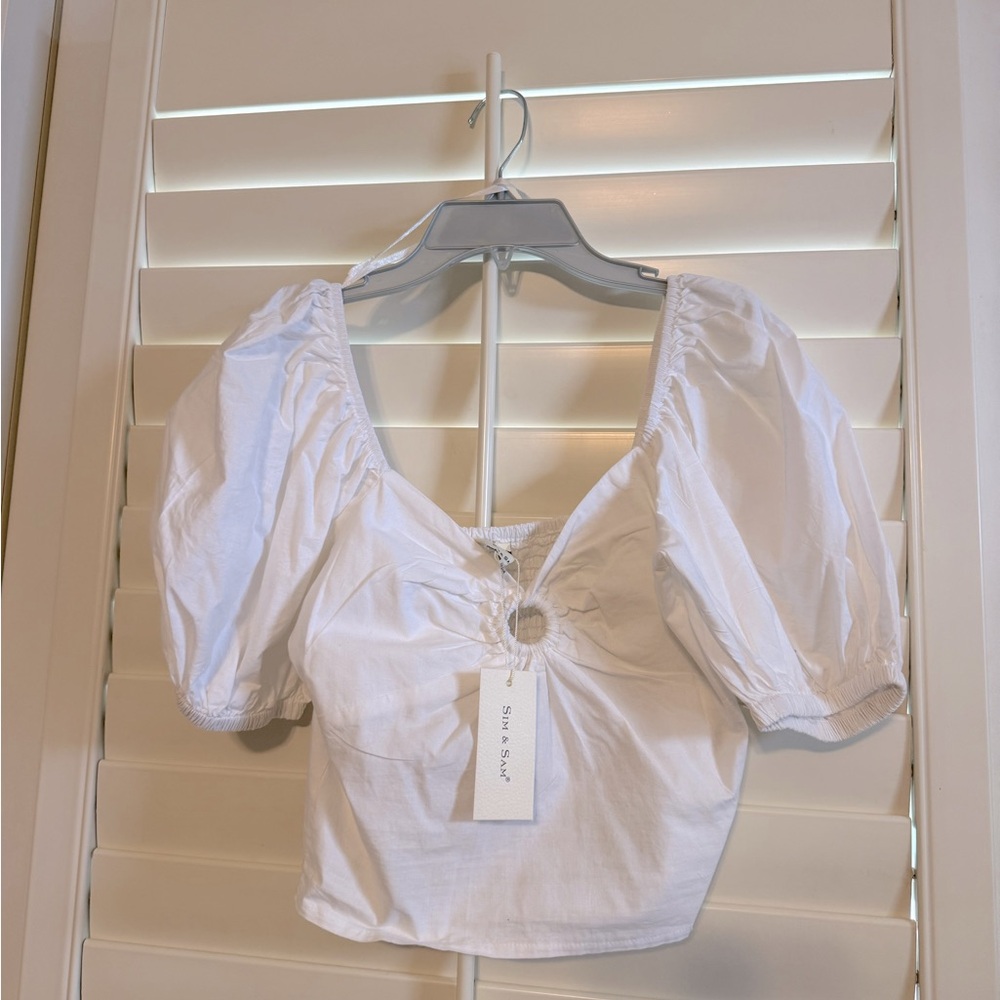 White Crop Blouse with Puffed Sleeves and Tie Front